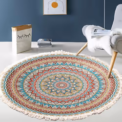 Hand Woven Cotton Round Rug Mandala Pattern Bohemian Vintage Style With Pompoms Machine Washable Bedroom Hallway Living Room ...