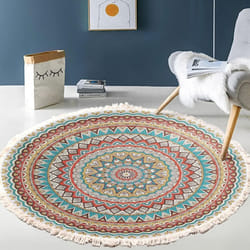 Hand Woven Cotton Round Rug Mandala Pattern Bohemian Vintage Style With Pompoms Machine Washable Bedroom Hallway Living Room Table 60cm Flower