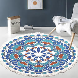 Hand Woven Cotton Round Rug Mandala Pattern Bohemian Vintage Style With Pompom Machine Washable Bedroom Hallway Living Room Table60cm Flower