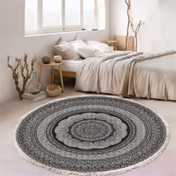 Cotton Woven Round Rug, Bohemian Mandala Rug with Fringes, Non-Slip Living Room Bedroom Rug (60cm,Grey)
