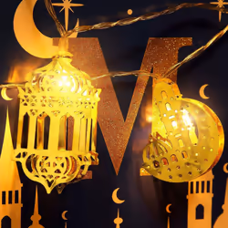 6.56 Feet 10 LED Eid Moon Star Kerosene Lantern Lamp, Battery Operated for Ramadan Party Outdoor Home Decoration (Warm White Color)