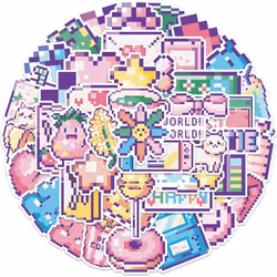 Kawaii Cartoon Pink Pixel Style Stickers for Kids Teens Adults Cute Waterproof Vinyl Stickers for Water Bottles Laptop 45 Pcs