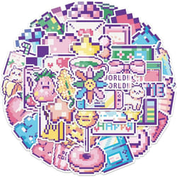 Kawaii Cartoon Pink Pixel Style Stickers for Kids Teens Adults Cute Waterproof Vinyl Stickers for Water Bottles Laptop 45 Pcs