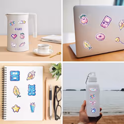 Kawaii Cartoon Pink Pixel Style Stickers for Kids Teens Adults Cute Waterproof Vinyl Stickers for Water Bottles Laptop 45 Pcs
