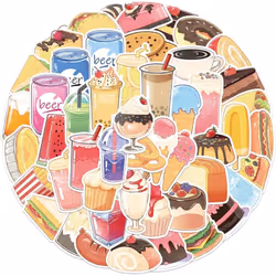 50Pcs Desserts and Drink Stickers for Water Bottle, Waterproof Vinyl Cute Sticker for Scrapbook, Laptop, Guitar, Skateboard, ...
