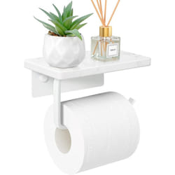 Marble Toilet Paper Holder with Shelf, Toilet Paper Roll Holder Screw Wall Mount, Stainless Steel Tissue Roll Holder with Storage White