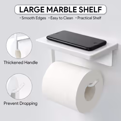 Marble Toilet Paper Holder with Shelf, Toilet Paper Roll Holder Screw Wall Mount, Stainless Steel Tissue Roll Holder with Storage White
