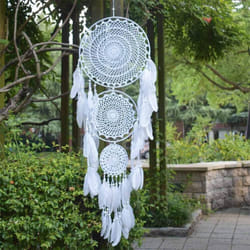 Large Dream Catcher With 3 Circles, White Macrame Feathers To Hang For Vintage Wedding Decoration 35Cm Circle 110Cm Long