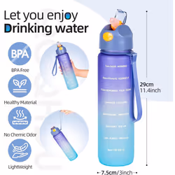 Water Bottle 1L, Sports Water Bottle with Straw & Time , Drinks Bottle , Leak-proof, BPA-free for Running Gym Cycling Office and School