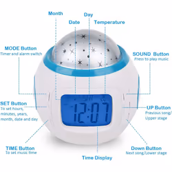 Children's Alarm Clock, Moon Stars Projector Alarm Clock, 7 Colors Variable Temperature Detection, For Waking Children in Bedroom, Bedside
