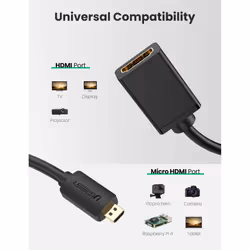 UGREEN 4K@60Hz Micro HDMI to HDMI Adapter Cable, Support HDR, ARC, 3D with Golden Plated Micro HDMI Male to HDMI Female Connectors Compatible with