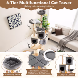 6-Tier Cat Tree Tower w/Condo & Sisal Scratching Posts - 190cm, Wooden