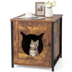 Wooden Cat Litter Box Enclosure Kitten House w/Door Side Table - Brown