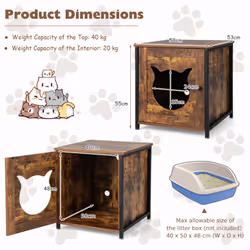Wooden Cat Litter Box Enclosure Kitten House w/Door Side Table - Brown