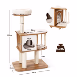 Wooden 4-Tier Cat Tree Cat Tower w/Scratching Sisal Posts & Cushions