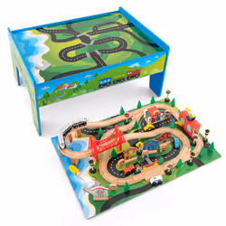 Kids Wooden Train Track Railway Play Set w/ 2 in 1 Tabletop Activity Table
