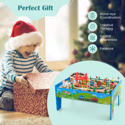 Kids Wooden Train Track Railway Play Set w/ 2 in 1 Tabletop Activity Table