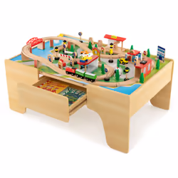 Kids Wooden Train Track Railway Play Set w/ 2 in 1 Tabletop Activity Table