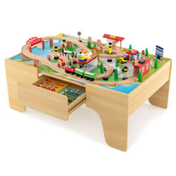 Kids Wooden Train Track Railway Play Set w/ 2 in 1 Tabletop Activity Table