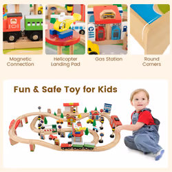 Kids Wooden Train Track Railway Play Set w/ 2 in 1 Tabletop Activity Table