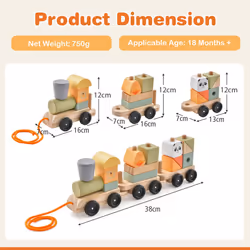 3-Section Wooden Train Toy Set with Stackable Blocks Animal Patterns
