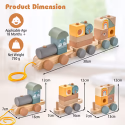 3-Section Wooden Train Toy Set with Stackable Blocks Animal Patterns