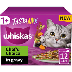 Whiskas Tasty Mix 1+ Chef`s Choice in Gravy 48x85g Pouches, Adult Cat Food, Pack of 4 (12x85g)