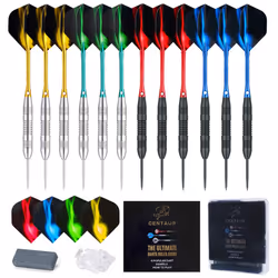 centaur 12 Pack Steel Tip Darts, Professional 22 Grams Metal Dart Set with 4 Color Premium Aluminum Shafts and 4 Style PET Fl ...