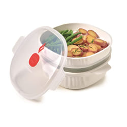 - Microwave Steamer with 2 Baskets - 4 LT - Meat, Fish and Vegetable Steamer, 26.5 x 22 x 13.5 cm - Microwave steamer for vegetables, White and red -