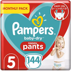 Pampers Size 5 Baby-Dry Nappy Pants, 144 Count, MONTHLY SAVINGS PACK, Easy-Up Pull On Nappies (12-17 kg / 26-37 lbs)