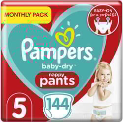 Pampers Size 5 Baby-Dry Nappy Pants, 144 Count, MONTHLY SAVINGS PACK, Easy-Up Pull On Nappies (12-17 kg / 26-37 lbs)