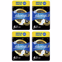Always Ultra Secure Night Sanitary Towels Wings, Size 4, Mega Pack 4x(22 Pack) 88 Towels!