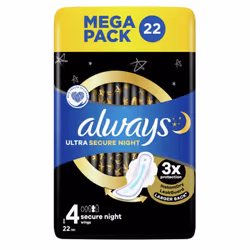Always Ultra Secure Night Sanitary Towels Wings, Size 4, Mega Pack 4x(22 Pack) 88 Towels!