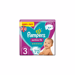 Pampers Baby Nappies Size 3 (12-17 kg / 26-37 lbs), Active Fit, 72 Count, JUMBO+ PACK, 360 Degree Comfort Fit