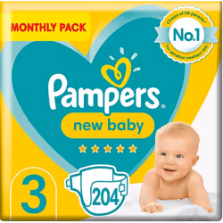 Pampers Size 3 New Baby Nappies, 204 Count, Protection For Sensitive Newborn Skin (6-10 kg / 13-22 lbs)