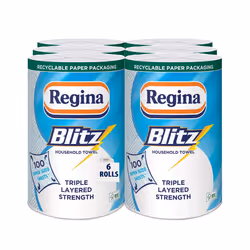 Regina Blitz Household Towels 6 Rolls Per Pack, 3-ply Kitchen Roll, 100 Sheets Per Roll, Paper Packaging, FSC Certified Paper ...