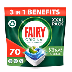 Fairy All-In-1 Dishwasher Tablets Bulk, 70 Tablets, Original, Effective Even On Dried-On Grease
