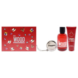 Dsquared2 Red Wood For Women 3 Pc Gift Set 3.4oz EDT Spray, 3.4oz Perfumed Bath and Shower Gel, Silver Round Purse