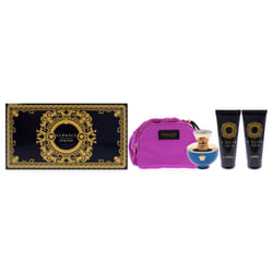Dylan Blue by Versace for Women - 4 Pc Gift Set - 3.4oz EDP Spray  3.4oz Sublime Body Lotion  3.4oz Sublime Bath and Shower Gel  Makeup Case