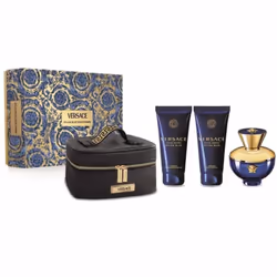 Dylan Blue by Versace for Women - 4 Pc Gift Set - 3.4oz EDP Spray  3.4oz Sublime Body Lotion  3.4oz Sublime Bath and Shower Gel  Makeup Case