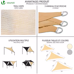 VOUNOT Sun Shade Sail Canopy Triangle 3x3x3m with Fixing Kit, HDPE, UV-Protection Breathable Awning for Garden Outdoor Patio, Ivory