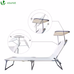 VOUNOT Set of 2 Folding Sun Loungers with Adjustable Backrest & Sunshade, Load 110 kg, Beige