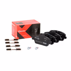 Brake pad set; BREMBO; prepared for wear warning indicator with brake caliper screws, with anti-squeak plate with accessories ...