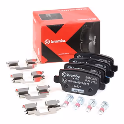 Brake pad set; BREMBO; excl. wear warning contact with brake caliper screws, with anti-squeak plate with accessories; for FOR ...