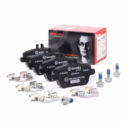 Brake pad set; BREMBO; prepared for wear warning indicator with brake caliper screws, with anti-squeak plate with accessories ...