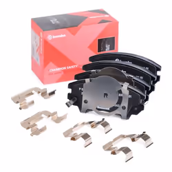 Brake pad set; BREMBO; with acoustic wear warning with anti-squeak plate with accessories; for VAUXHALL, OPEL, BENTLEY, SAAB, ...