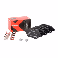 Brake pad set; BREMBO; excl. wear warning contact with brake caliper screws, with anti-squeak plate with accessories; for PEU ...