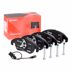 Brake pad set; BREMBO; incl. wear warning contact with brake caliper screws, with anti-squeak plate with accessories; for AUD ...