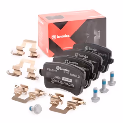 Brake pad set; BREMBO; excl. wear warning contact with brake caliper screws, with anti-squeak plate with accessories; for AUD ...