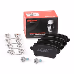 Brake pad set; BREMBO; excl. wear warning contact with brake caliper screws, with anti-squeak plate with accessories; for REN ...